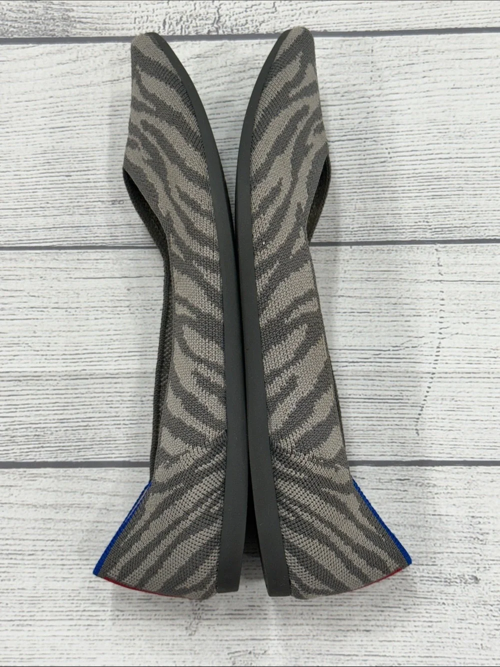 Rothy's Grey Zebra Pointed Knit Flat with Blue Trim